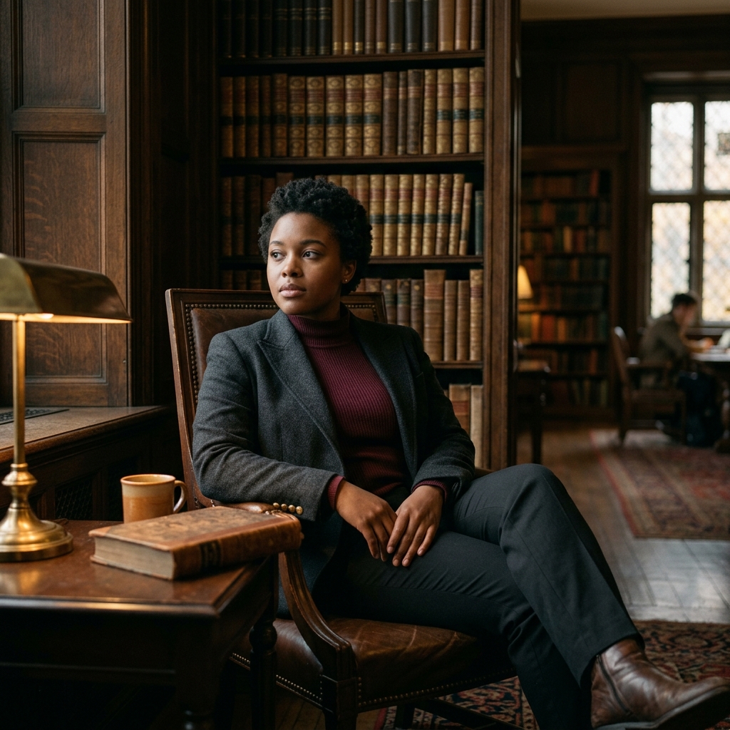 A woman in a dark academia wool blazer sitting in a moody historical library.