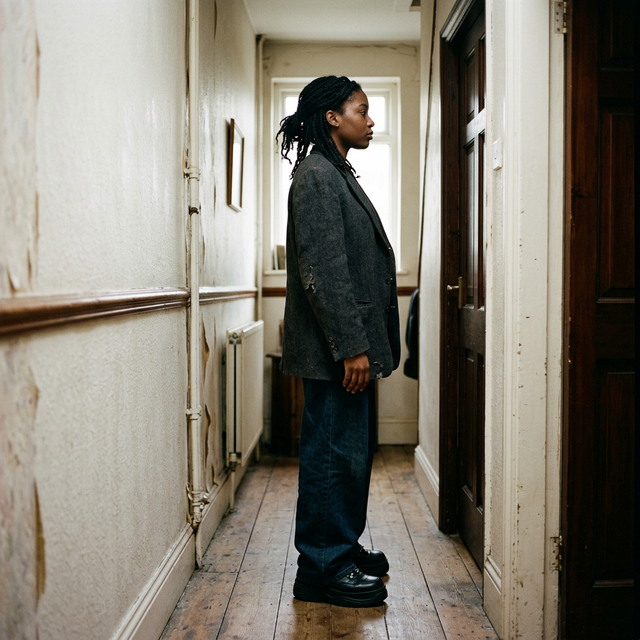 Young Black British woman in an oversized 90s blazer standing in a London hallway