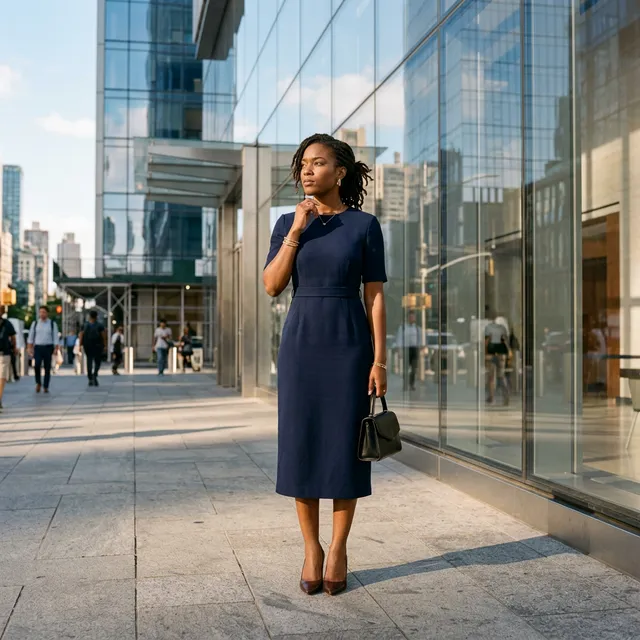 Pensive Black woman in navy midi dress outside NYC office building. Business casual outfit, cinematic morning sun.