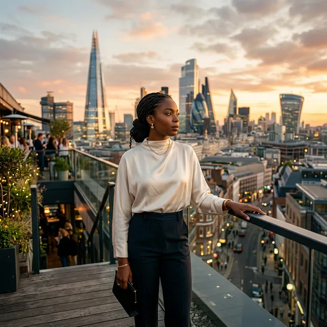 Nigerian-British woman in ivory silk at Shoreditch rooftop. Observant expression. Smart casual office mixer scene.