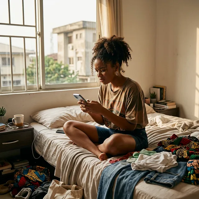 Nigerian woman in Lagos apartment, focused on phone among clothes, searching what is business casual. 2:3 vertical.