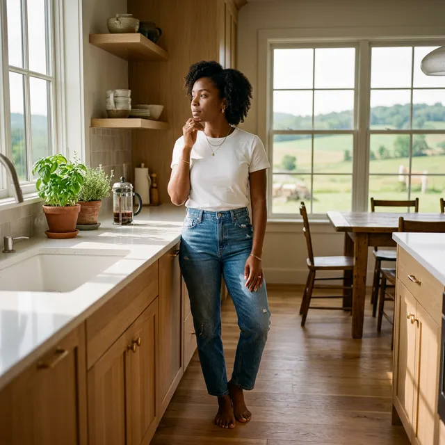 Pensive Black woman in white tee and blue jeans in sunlit modern kitchen. Casual wear fashion editorial.