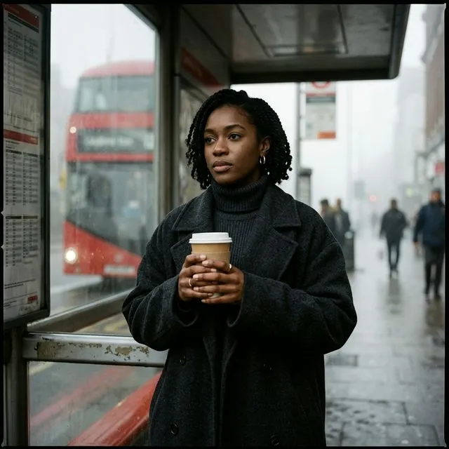 A woman in an oversized wool coat clutching a coffee cup at a misty city bus stop. Effortless coffee date outfit.