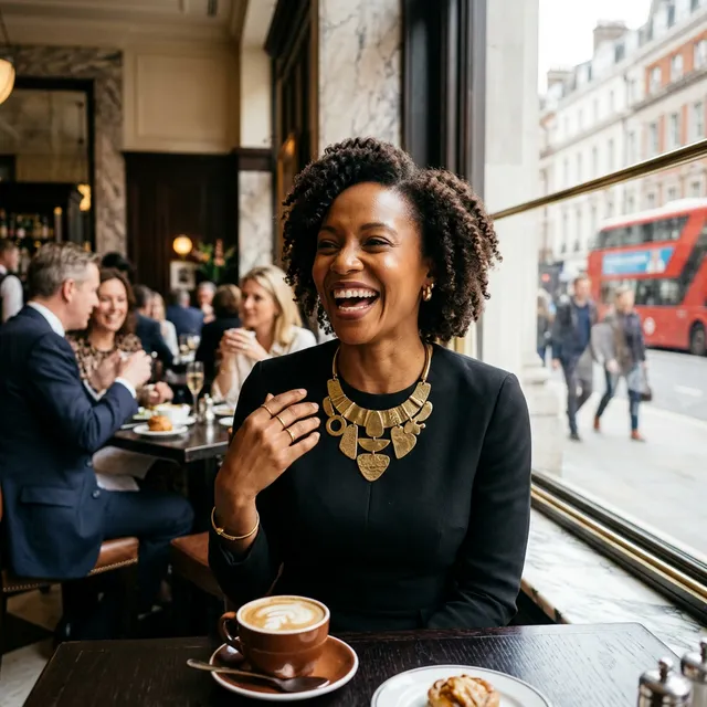 Kenyan-British woman with brass statement necklace laughing in London cafe. High-end fashion editorial. 2:3.