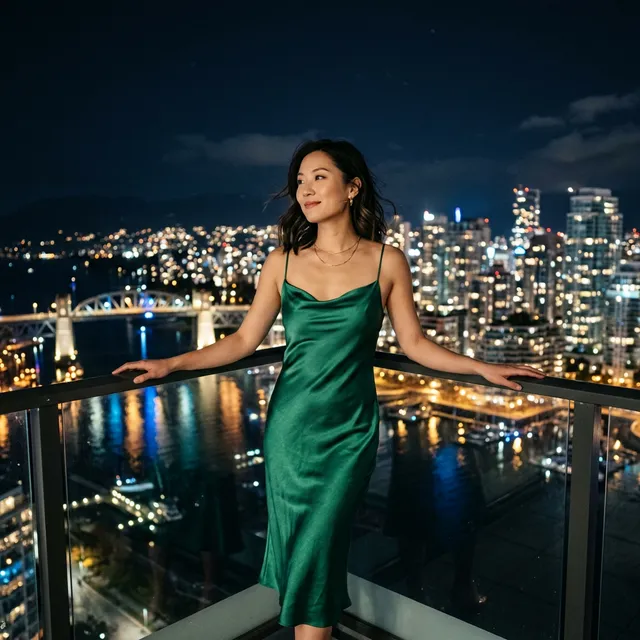 East Asian woman in silk slip party dress on Vancouver balcony at night. Peaceful expression. Cinematic lighting.