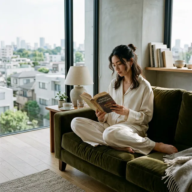 Woman in cream silk luxury lounge wear reading on velvet sofa in sunlit Tokyo apartment. Quiet luxury aesthetic.