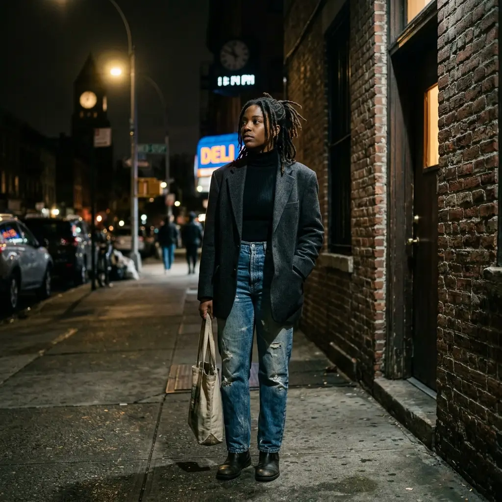 A young Black American woman with short natural hair and an apple shaped body standing in a dark academia street at 11pm wearing a black blazer and blue jeans.