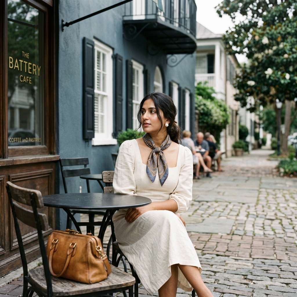 A South Asian woman in a cream linen dress at a Charleston cafe, embodying old money style.
