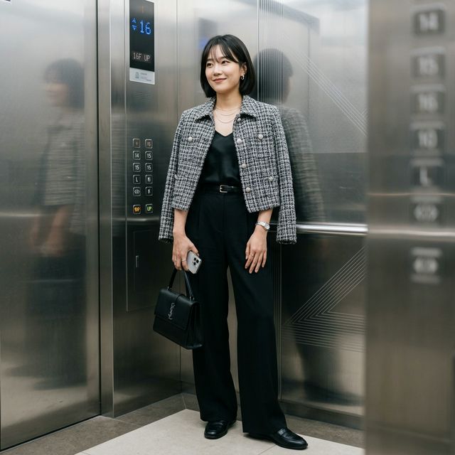 Asian professional woman in K-pop inspired boardroom outfit
