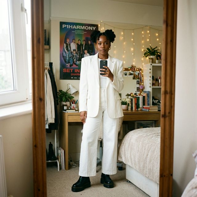 Black British woman taking mirror selfie in kpop-inspired white blazer
