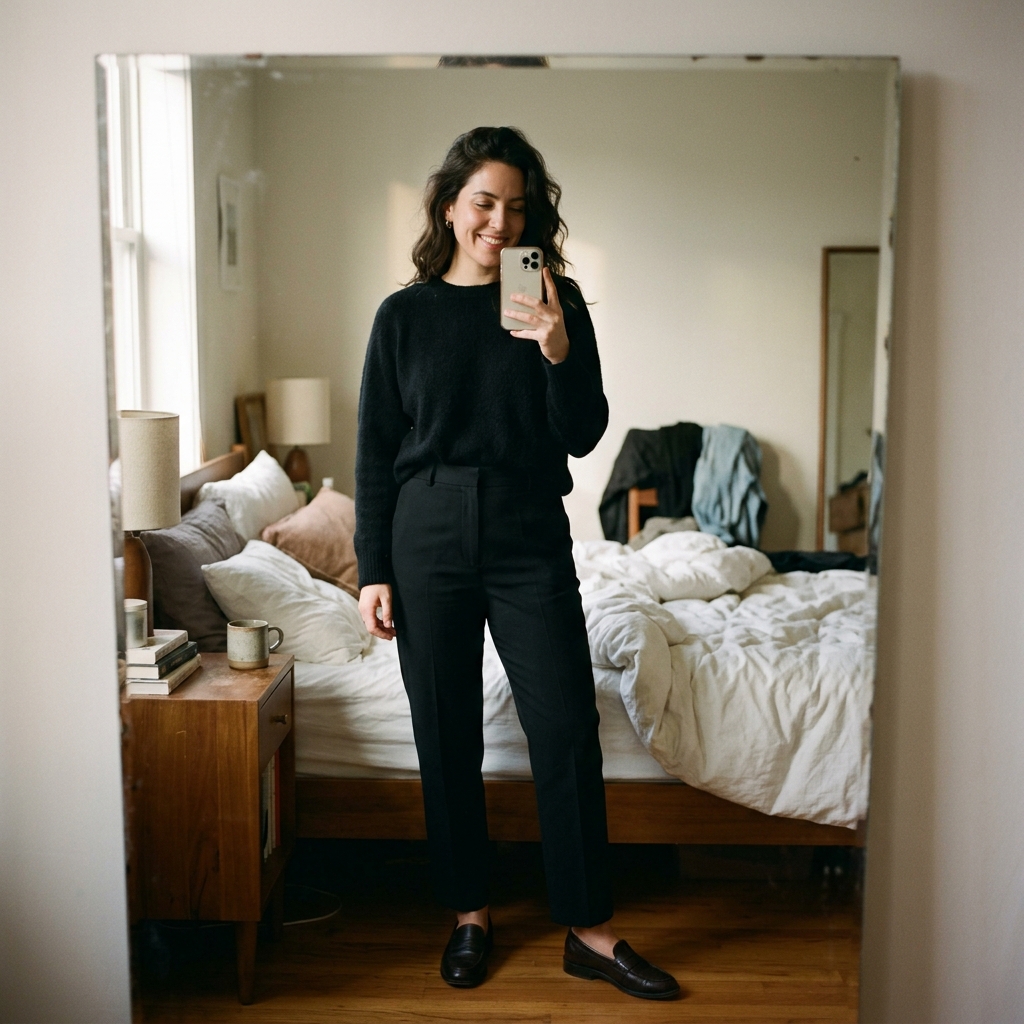 A woman standing thoughtfully in her lived-in bedroom, wearing black dress pants.