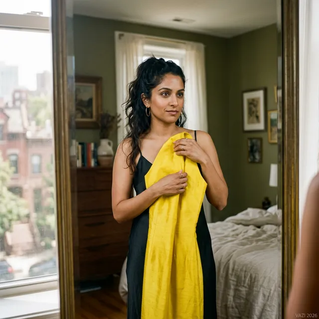 Indian-American woman with yellow silk dress in Chicago mirror. Audacious expression. Cinematic sun.