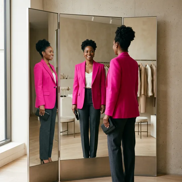 Black American woman in her early 40s in a fuchsia blazer over a white silk shell, looking in a boutique mirror. Cinematic lighting, 2:3 vertical.