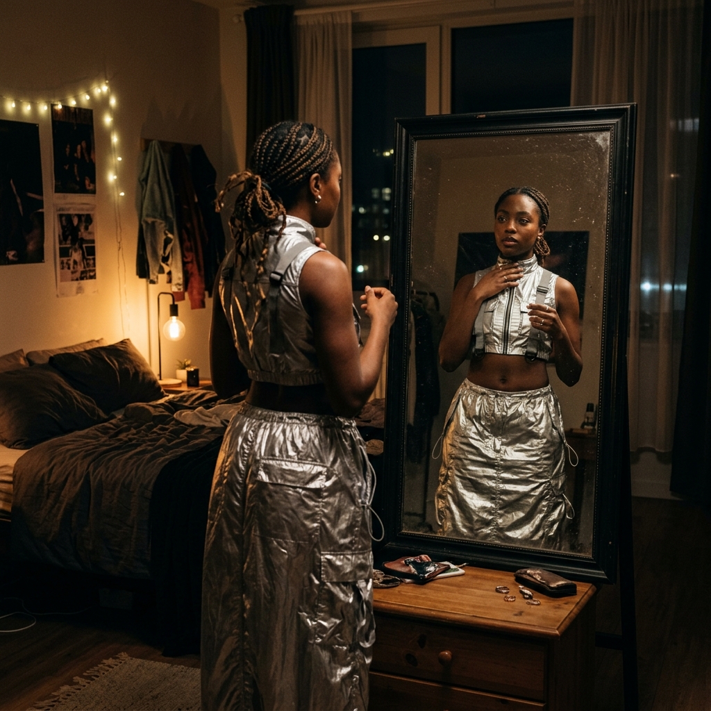 A young African woman standing in front of a mirror at night, wearing a metallic silver Y3K outfit and looking thoughtfully at her reflection.