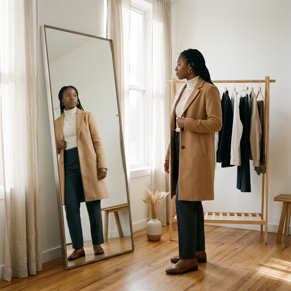 A young Black American woman in a camel coat and cream knit standing before a minimalist wardrobe, bathed in golden morning light.