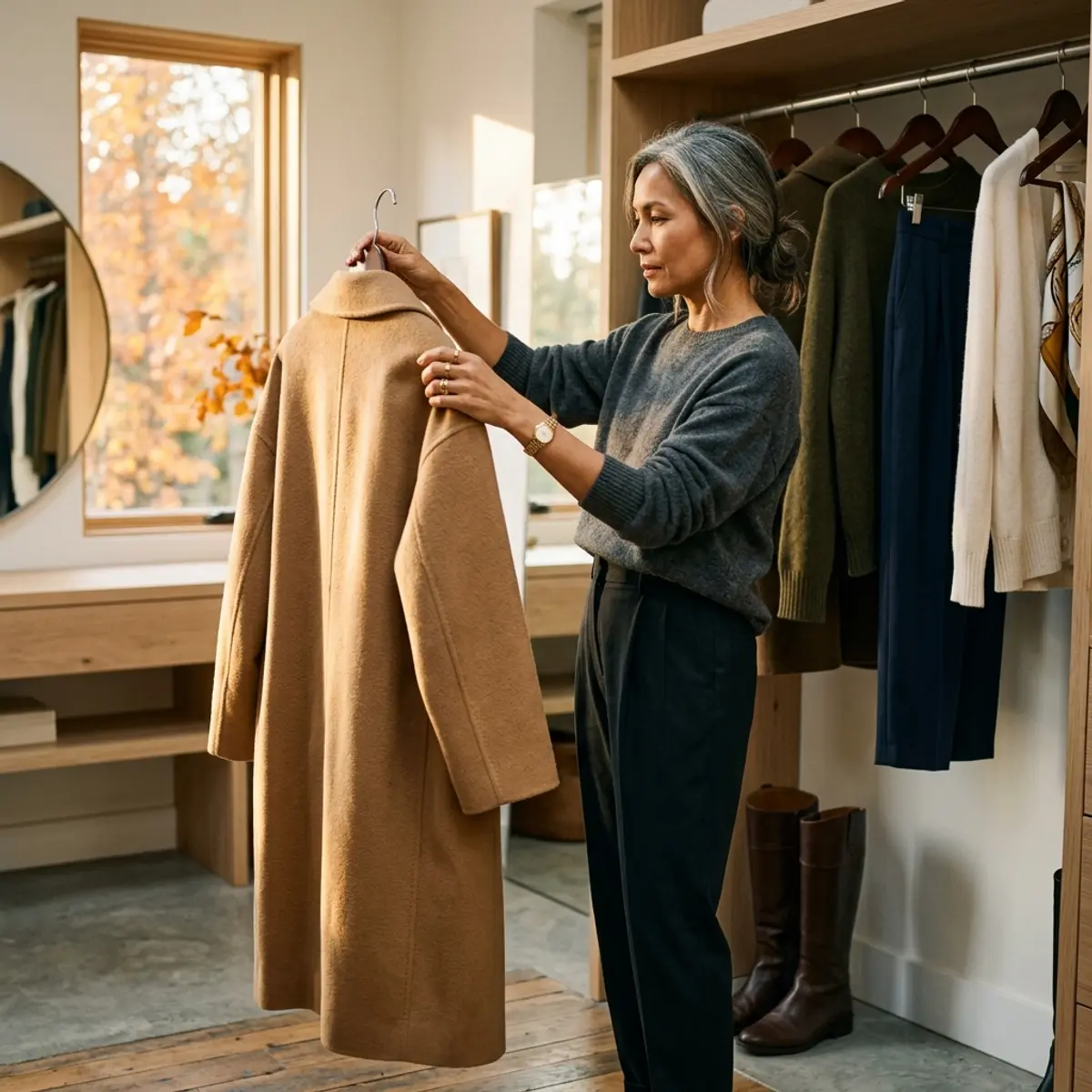 Diane curating her fall outfits in golden autumn light