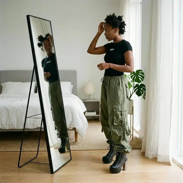 Black woman adjusting hair in front of mirror wearing Jeffrey Campbell Spike Lita boots and cargo pants